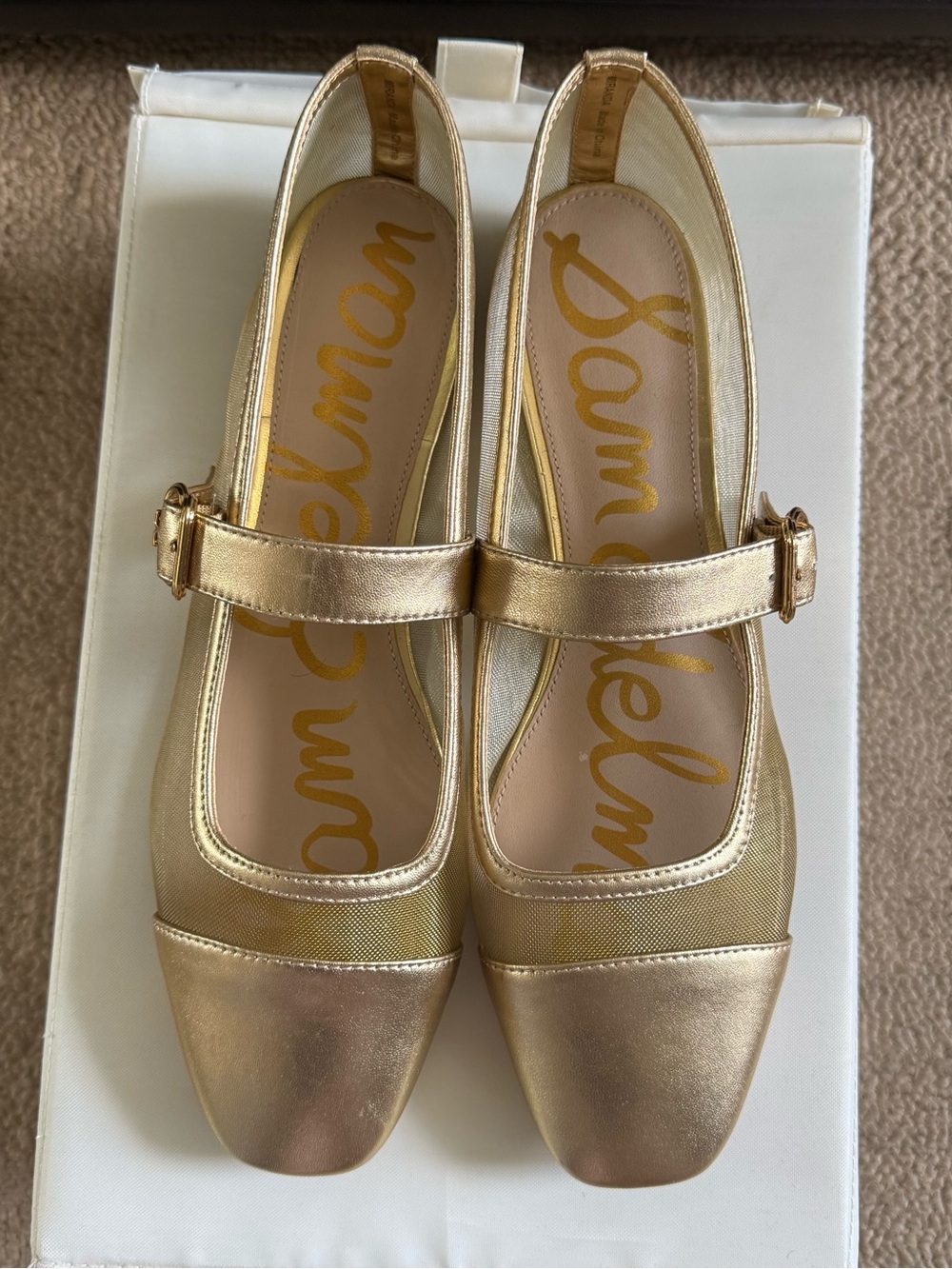 Sam Edelman Miranda Gold Metallic Mesh Mary Jane Flats with Buckle Strap
